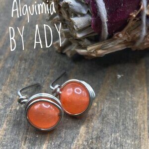 Dainty 6mm bright orange jade silver studs earrings